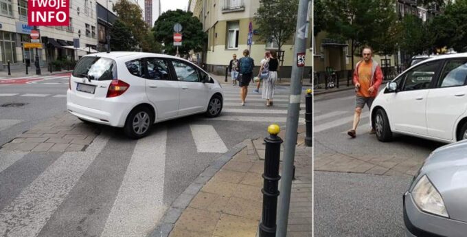 Znany dziennikarz dalej łamie przepisy. Tym razem zaparkował na dwóch „zebrach” naraz