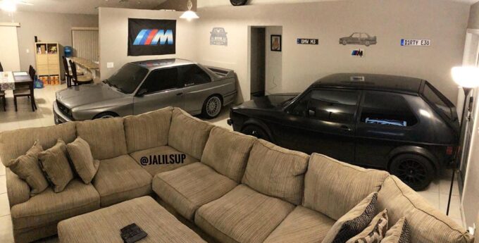 BMW E30 M3 i VW Golf I GTI zamieszkały w pokoju gościnnym automaniaka na czas huraganu Dorian