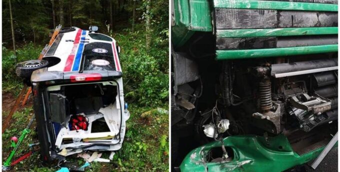 Kierowca karetki przegiął z prędkością i uderzył w ciężarówkę. Pacjentka zmarła