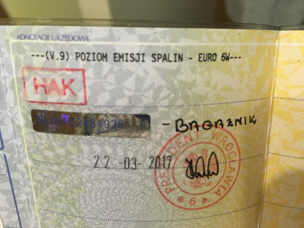 Norma emisji spalin w dowodzie rejestracyjnym