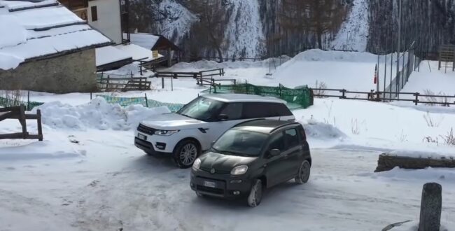 Fiat Panda kontra Range Rover na śniegu. Kierowca Velara nie wiedział co jest grane