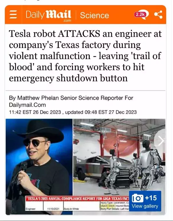 nagłówek DailyMail Robot Tesli atakuje inżyniera