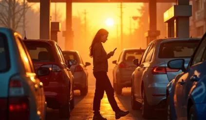 Kolejka kierowców i aut na stacji paliw