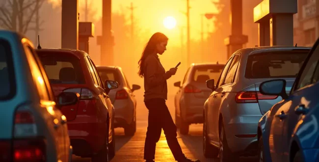 Kolejka kierowców i aut na stacji paliw