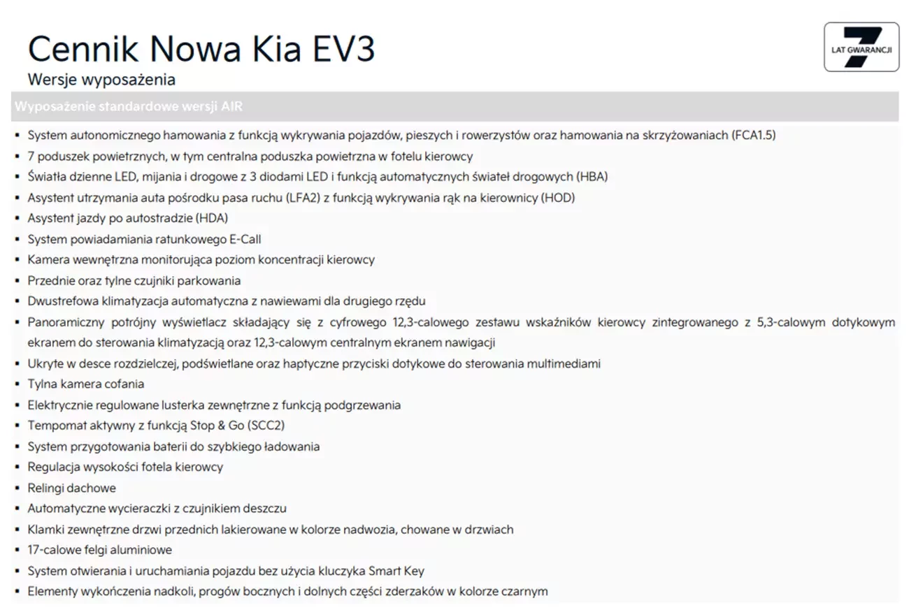 SUV Kia EV3 wersja AIR