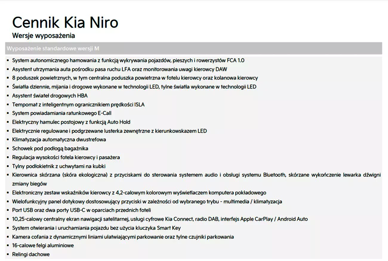 oferta wyposażenie Niro 2024