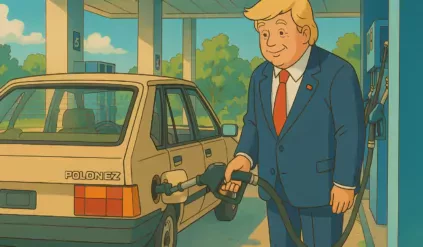 Ilustracja w stylu Ghilbi przedstawiająca Donalda Trumpa tankującego Poloneza. Grafika stworzona z użyciem AI.