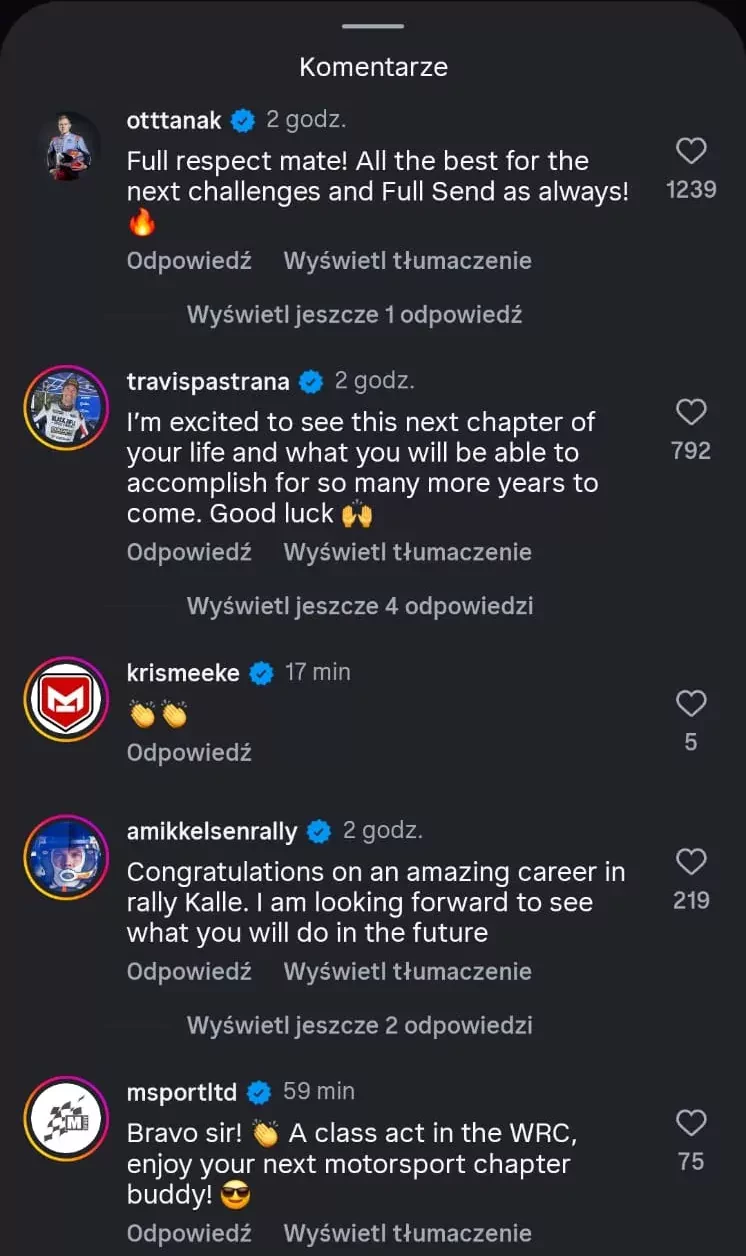 Komentarze na Instagramie po rezygancji Kallego Rovanpery z WRC