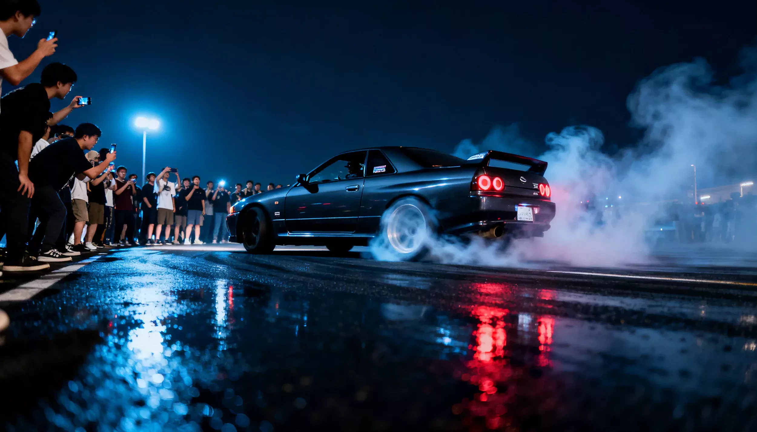Nissan Skyline driftuje na nielegalnym zlocie