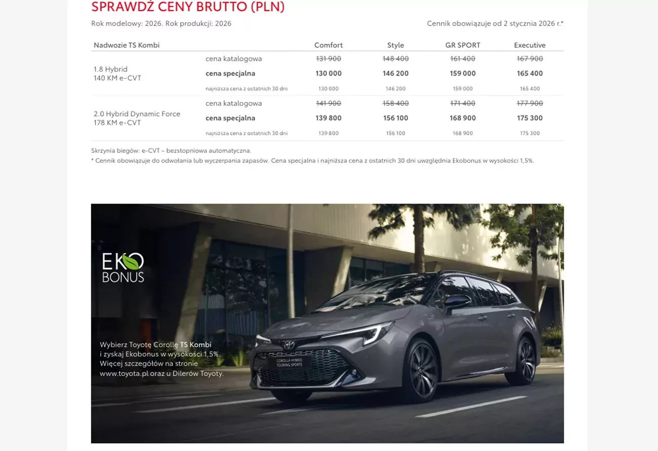 Cennik Toyota Corolla Kombi 2026 - z funkcjonalnością SUV-a najczesciej wyjezdza z polskich salonów